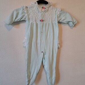 Vintage Trimfit Sleep & Play Mint Green Lace Floral Footie Sleeper USA Large